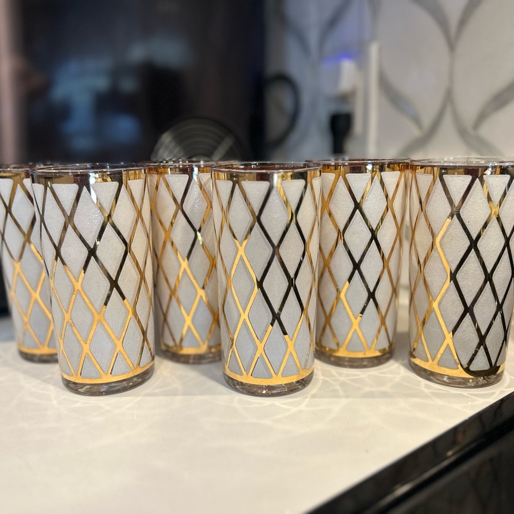 1950s CULVER 22kt Gold & White Diamond pattern highball glasses